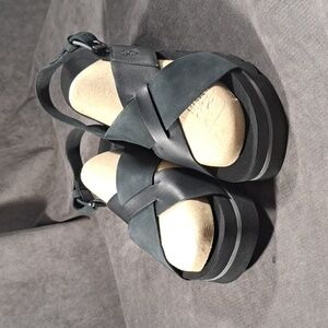 Timberland Santa Monica Sunrise Black Nubuck Leather Platform Sandals VG US 10